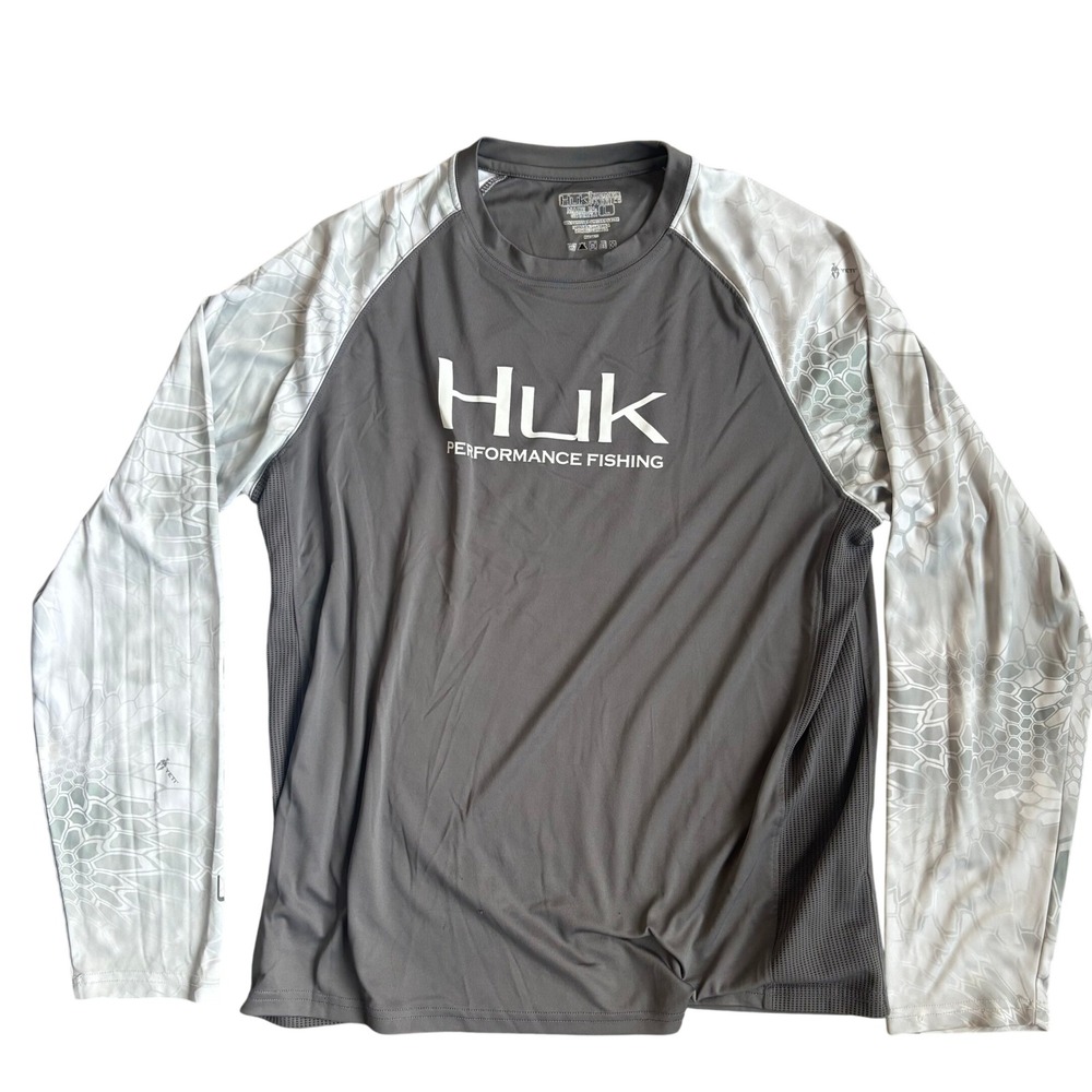 Huk Performance Fishing Shirt Mens Large Grey Kryptek Camo Long Sleeve Mesh Tee